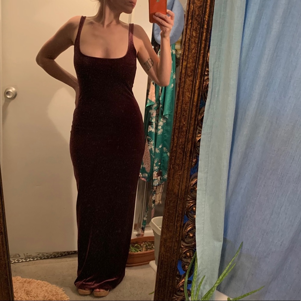 Vintage Plum Velvet Deep V open back maxi dress S